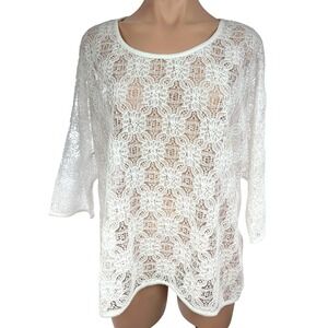 Chico's White Lacey Blouse Open Weave 3/4 Dolman Sleeve Asym Hem Size 2/ Large